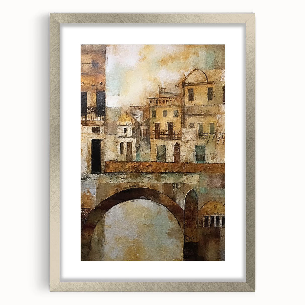 Abstract architecture wall art framed in silver with a mat, showcasing geometric shapes and lines in neutral tones, perfect for modern interior decor.