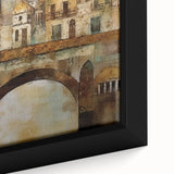 Close-up of a framed abstract architecture wall art piece showcasing geometric shapes in vibrant colors, perfect for modern home decor. This canvas adds a contemporary touch to any room.