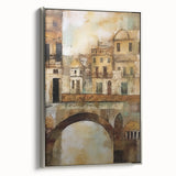 Abstract architecture wall art canvas framed in silver, showcasing geometric patterns and textures, ideal for modern home decor. Side view highlights depth and design.