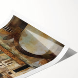 Abstract architectural wall art print showcasing geometric shapes in vibrant colors of blue, orange, and yellow, rolled and ready for display or framing.