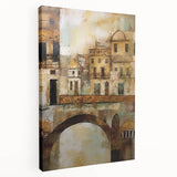 Abstract architecture wall art on a stretched canvas, showcasing geometric shapes and vibrant colors, displayed in a side view to highlight its modern design.