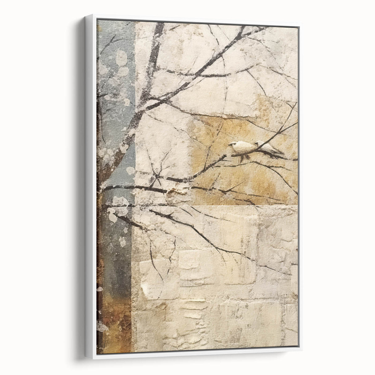 Framed abstract floral wall art in elegant white hues, showcasing delicate flower designs, perfect for modern home decor. Side view highlights the artwork's depth and quality.