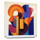 Abstract geometric acrylic glass artwork viewed from the side, showcasing vibrant colors and intricate patterns, secured with visible pins for a modern aesthetic. This piece enhances contemporary decor with its unique design and reflective qualities.