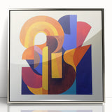 Abstract geometric framed acrylic artwork in silver, showcasing intricate patterns and vibrant colors. Ideal for modern decor, this piece enhances any contemporary space with its unique design and reflective surface.