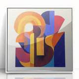 Abstract geometric framed acrylic art piece in a white frame, showcasing vibrant colors and sharp lines, ideal for modern home decor and artistic spaces.