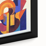 Close-up of a framed geometric abstract canvas art piece showcasing vibrant colors and sharp lines, perfect for modern home decor and artistic expressions.