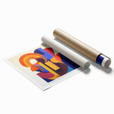 Abstract geometric rolled print showcasing vibrant blue, yellow, and red shapes, elegantly packaged in a protective cardboard tube for easy transport and display.