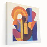 Abstract geometric design stretched canvas in vibrant blue, yellow, and red hues, showcasing sharp angles and modern aesthetics, ideal for contemporary home decor.