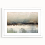 Abstract landscape wall art framed in white, showcasing soft hues of blue and green with a modern design, perfect for contemporary home decor.