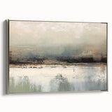 Framed abstract landscape wall art featuring shades of blue and silver, highlighting flowing textures and modern design, perfect for contemporary home decor.