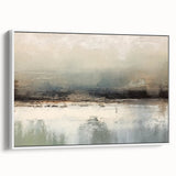 Framed abstract landscape wall art showcasing soft pastel colors and dynamic brush strokes, displayed in a sleek white frame, perfect for modern home decor.