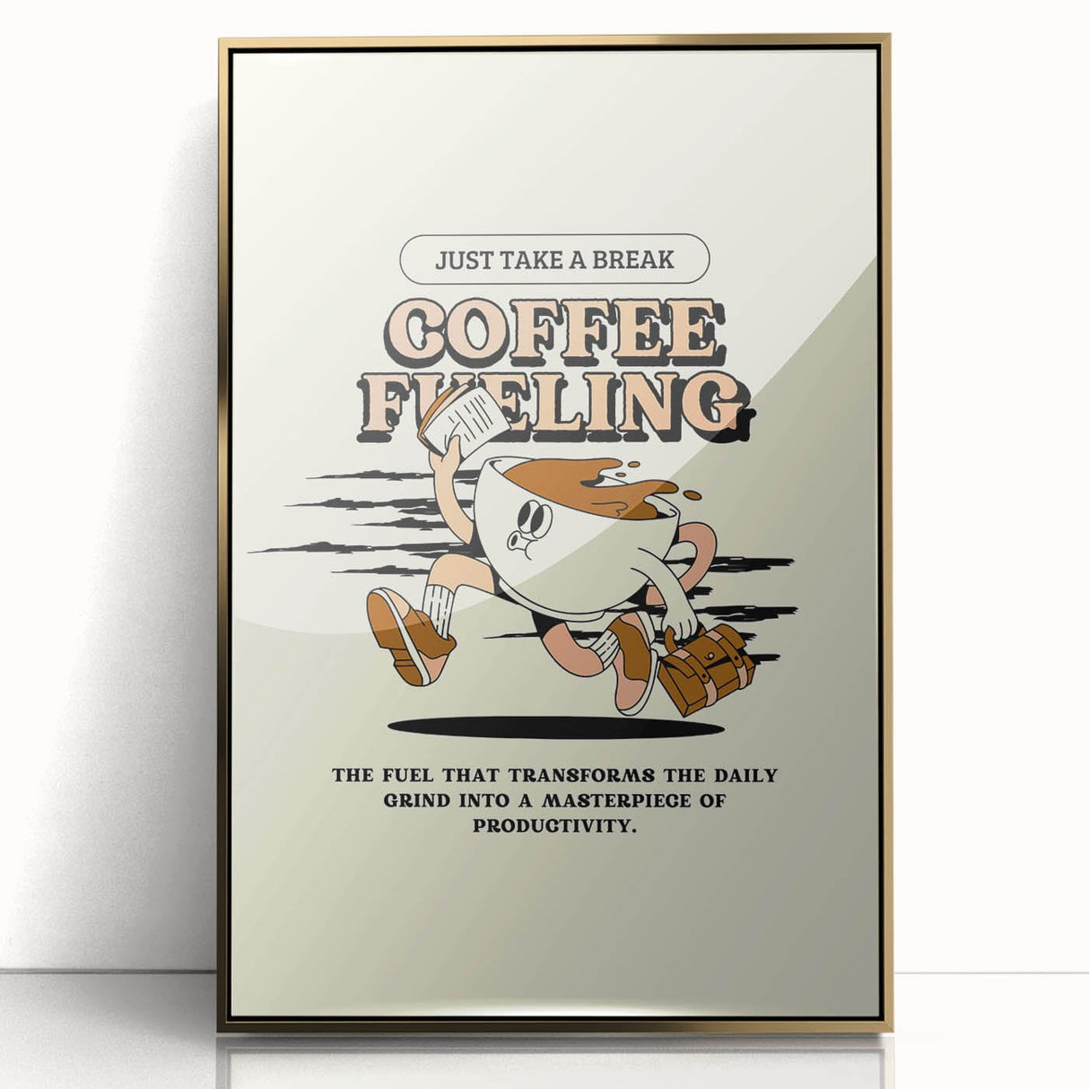Art deco poster featuring an array of food and drinks in bold gold and black tones, framed in acrylic.