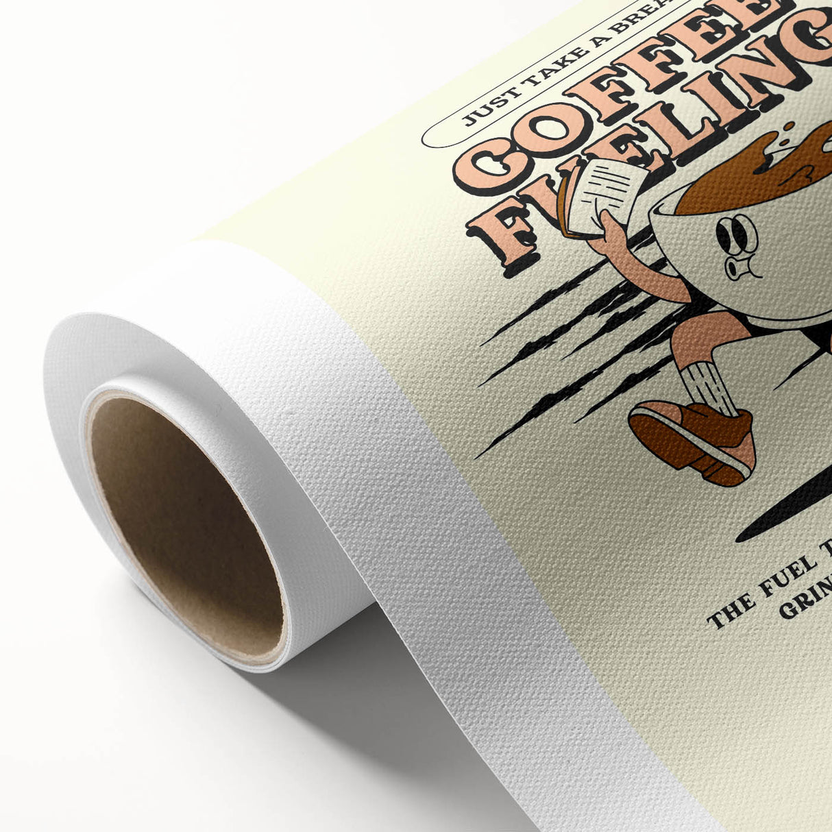 Art deco poster featuring stylized food and drink illustrations on a rolled canvas.