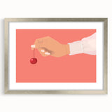 Textured art print of abstract fruits in muted pastel shades, framed in silver, ideal for bedroom wall decor.