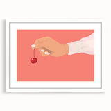 Abstract art print featuring assorted fruits in vibrant colors on a white matted frame, suitable for dining room decor.