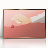 Mid-century modernist acrylic print of assorted fruits in vibrant colors, framed in gold, suitable for nursery wall art.