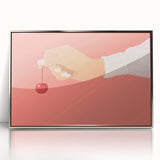 Mid-century modernist art featuring an array of fruits in vibrant colors on a silver-framed acrylic.