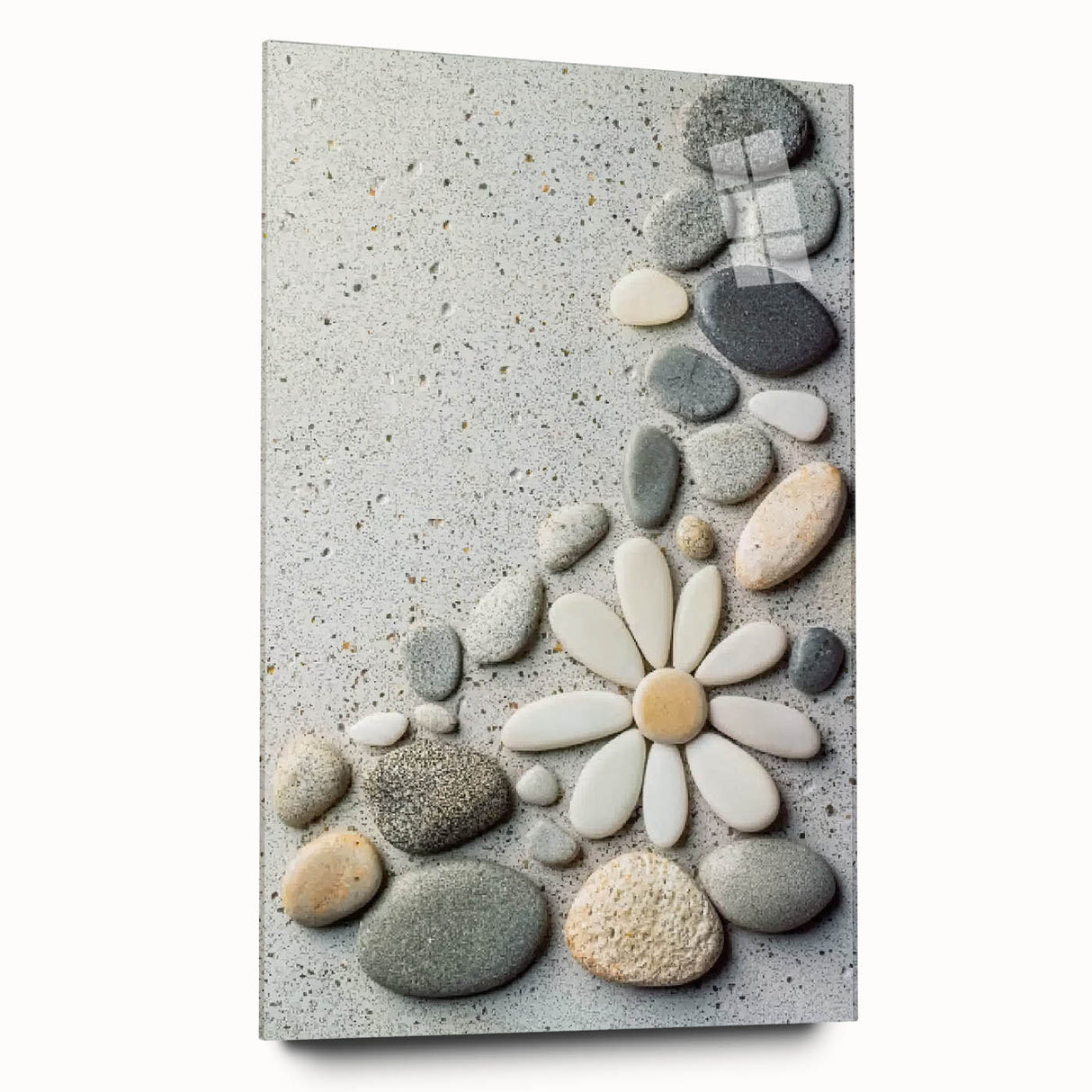 Acrylic glass artwork showcasing a vibrant beach landscape, featuring vivid blue skies and golden sands, designed for elegant wall display without pins.