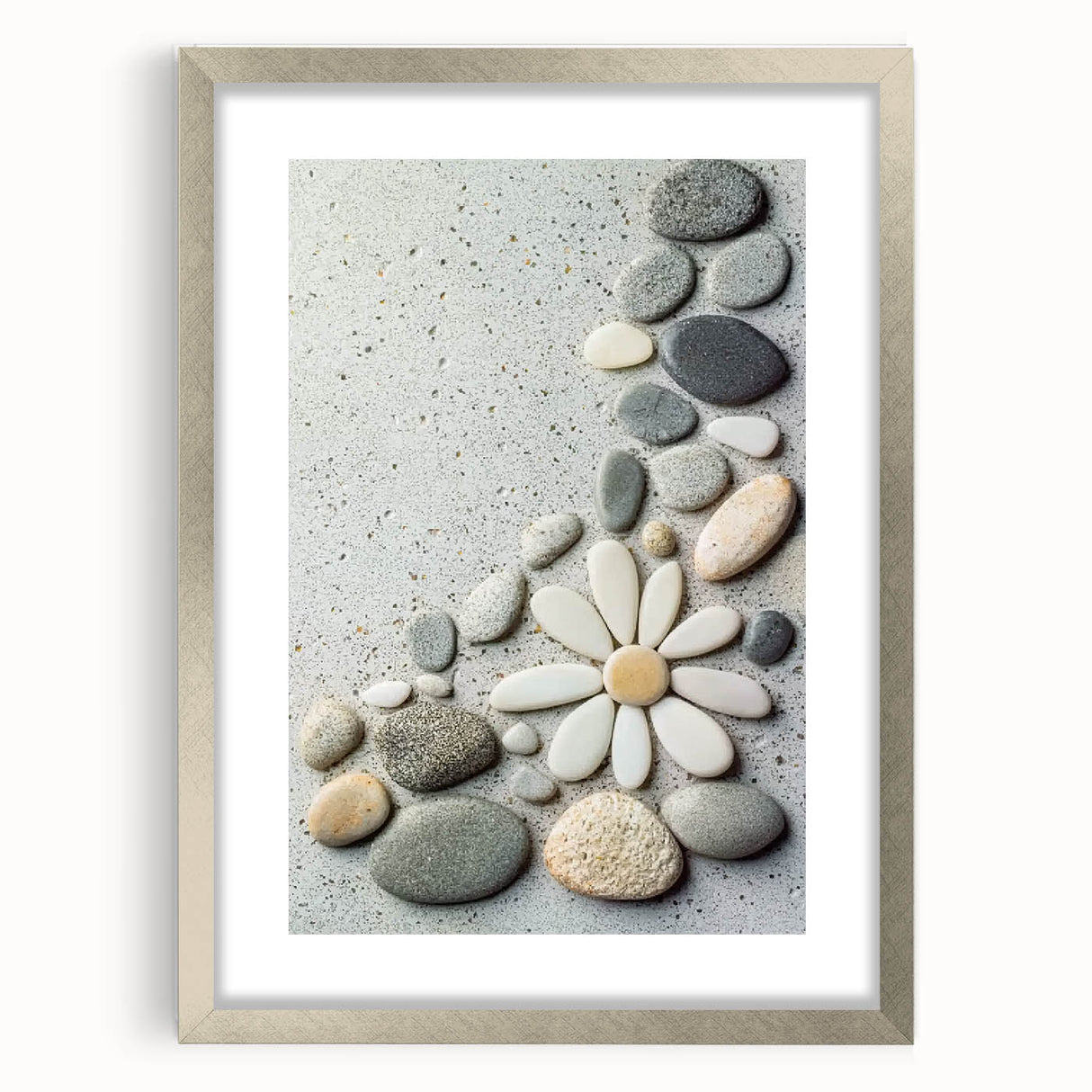 Silver-framed landscape artwork depicting a serene beach scene with soft waves and golden sands, elegantly presented with a white mat for a polished look.