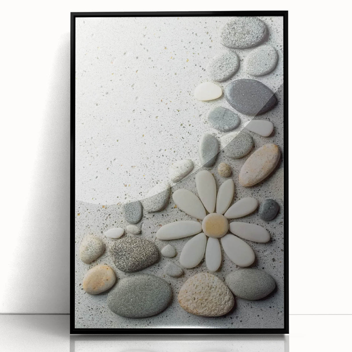 Framed acrylic artwork showcasing a serene beach landscape, featuring vibrant colors and detailed textures, set in a sleek black frame for modern decor.