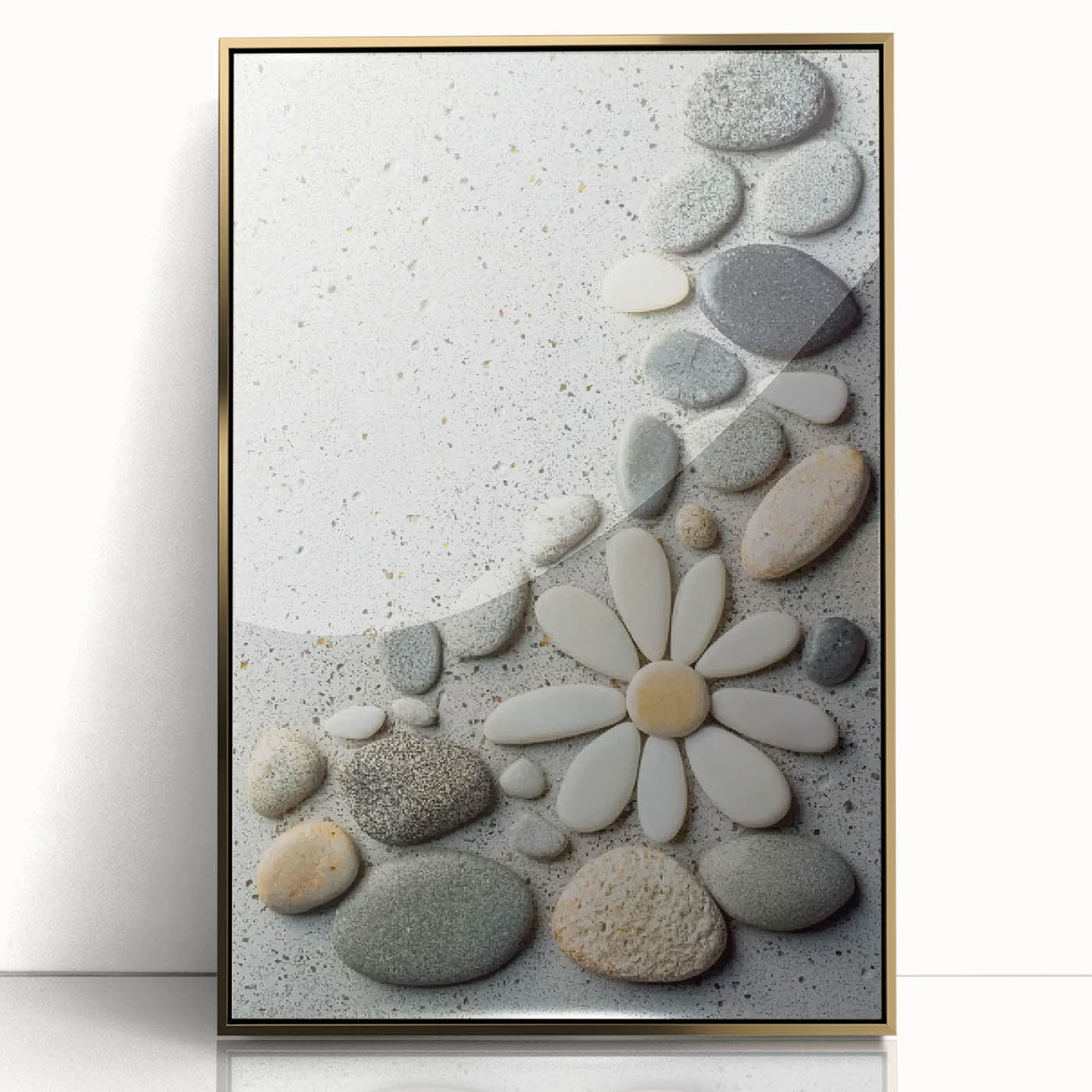 Framed acrylic artwork depicting a serene beach landscape with golden accents, showcasing vibrant colors and intricate details, ideal for coastal-themed decor.