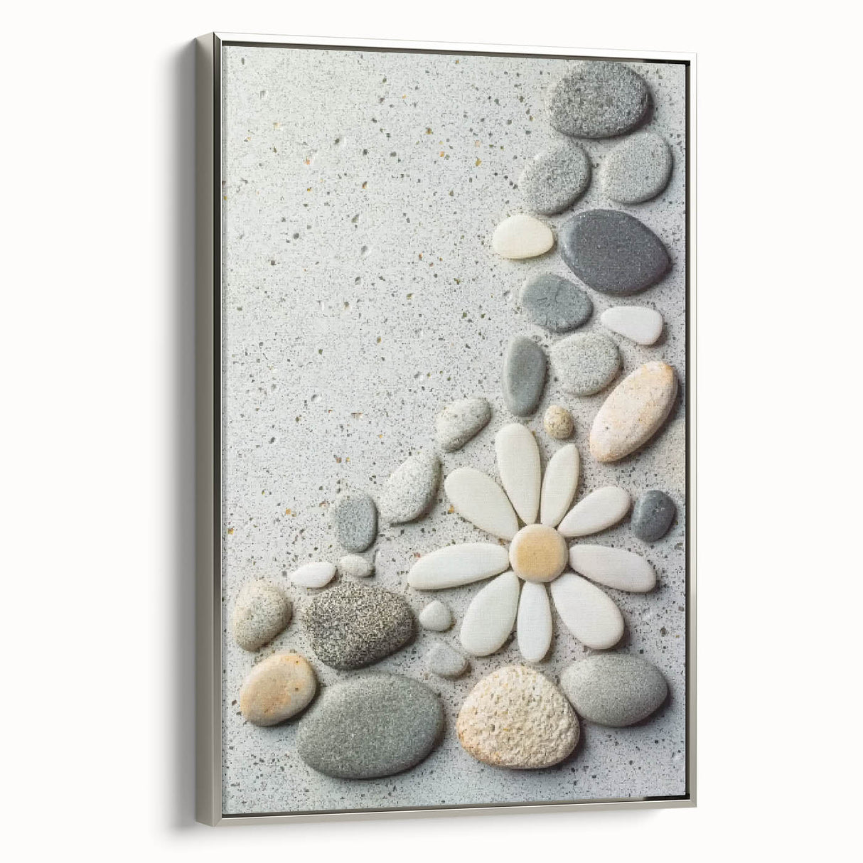 Framed canvas artwork depicting a serene beach landscape, showcasing vibrant colors and fine details, with a sleek silver frame enhancing its elegance. Perfect for home decor.