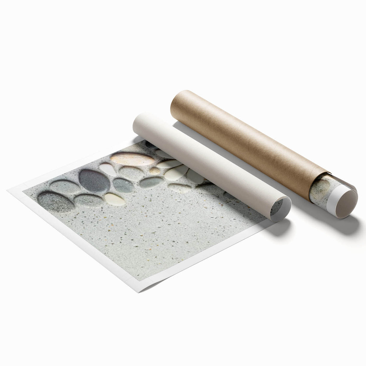 Stunning rolled print showcasing a serene beach landscape with vibrant blue skies and golden sand, elegantly packaged in a protective cardboard tube for art lovers.