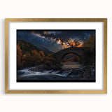 Elegant gold landscape bridge frame with a white mat, showcasing a serene view of a bridge surrounded by lush greenery, ideal for home decor and art enthusiasts.