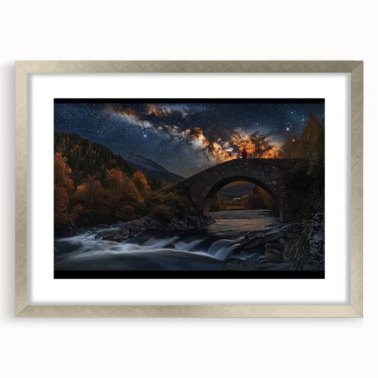 Landscape bridge frame with a silver mat, showcasing a modern design ideal for home decor, enhancing any space with elegance and sophistication.