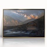 Framed acrylic art print showcasing a stunning landscape bridge design with golden accents, set against a serene background, ideal for modern home decor.