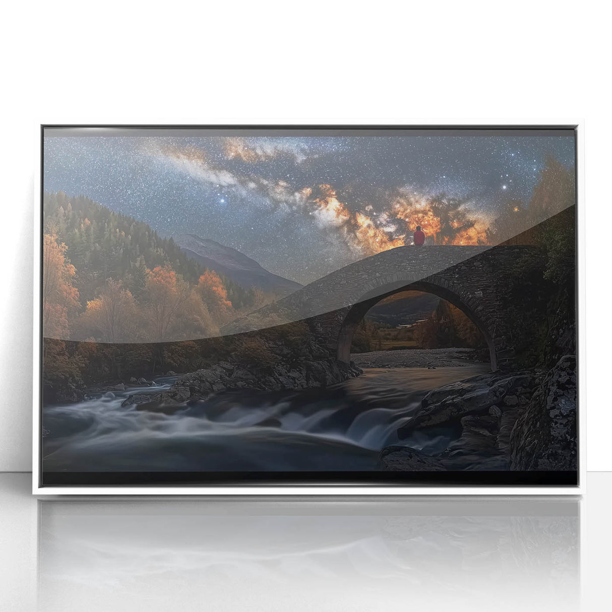 Framed acrylic artwork showcasing a serene landscape bridge scene in vibrant colors, set against a crisp white background, ideal for enhancing home decor.