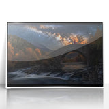 Framed acrylic artwork showcasing a serene landscape bridge scene in vibrant colors, set against a crisp white background, ideal for enhancing home decor.