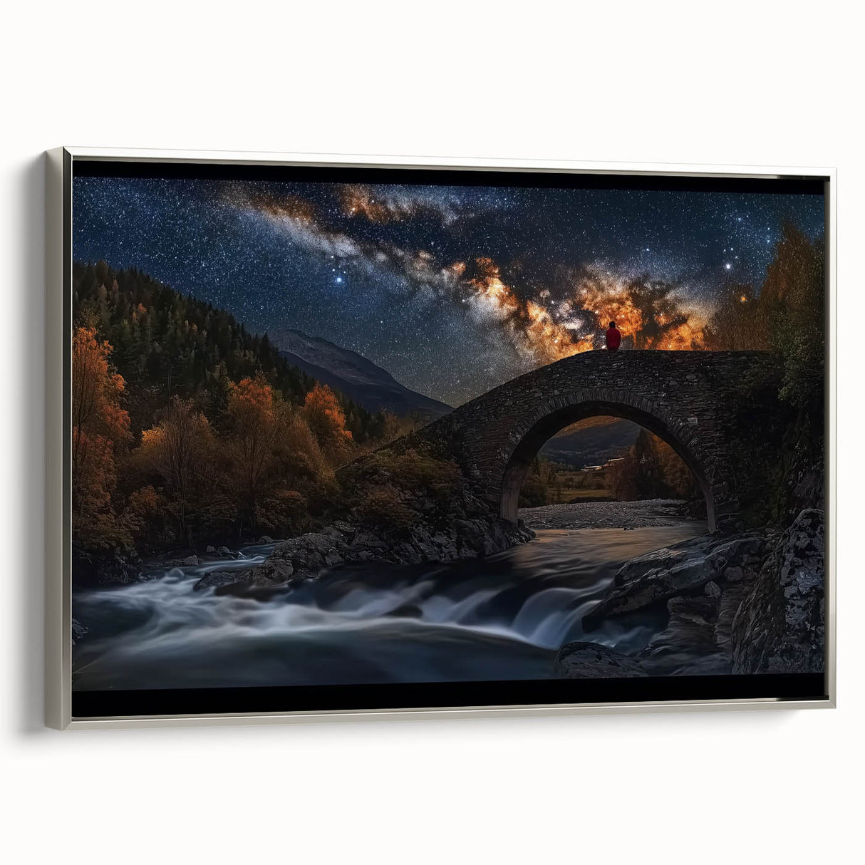 Framed canvas artwork depicting a landscape bridge in a serene setting, showcasing intricate details and a silver frame, perfect for home decoration.