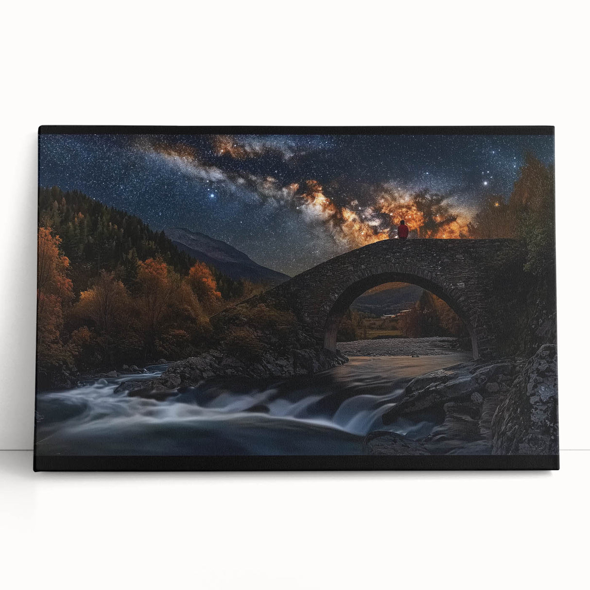 Stretched canvas artwork depicting a serene landscape bridge scene, showcasing lush greenery and a tranquil river, perfect for enhancing home decor.