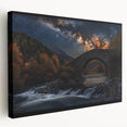 Stretched canvas artwork depicting a serene landscape bridge scene with vibrant colors, ideal for home decor, showcasing nature's beauty and tranquility.