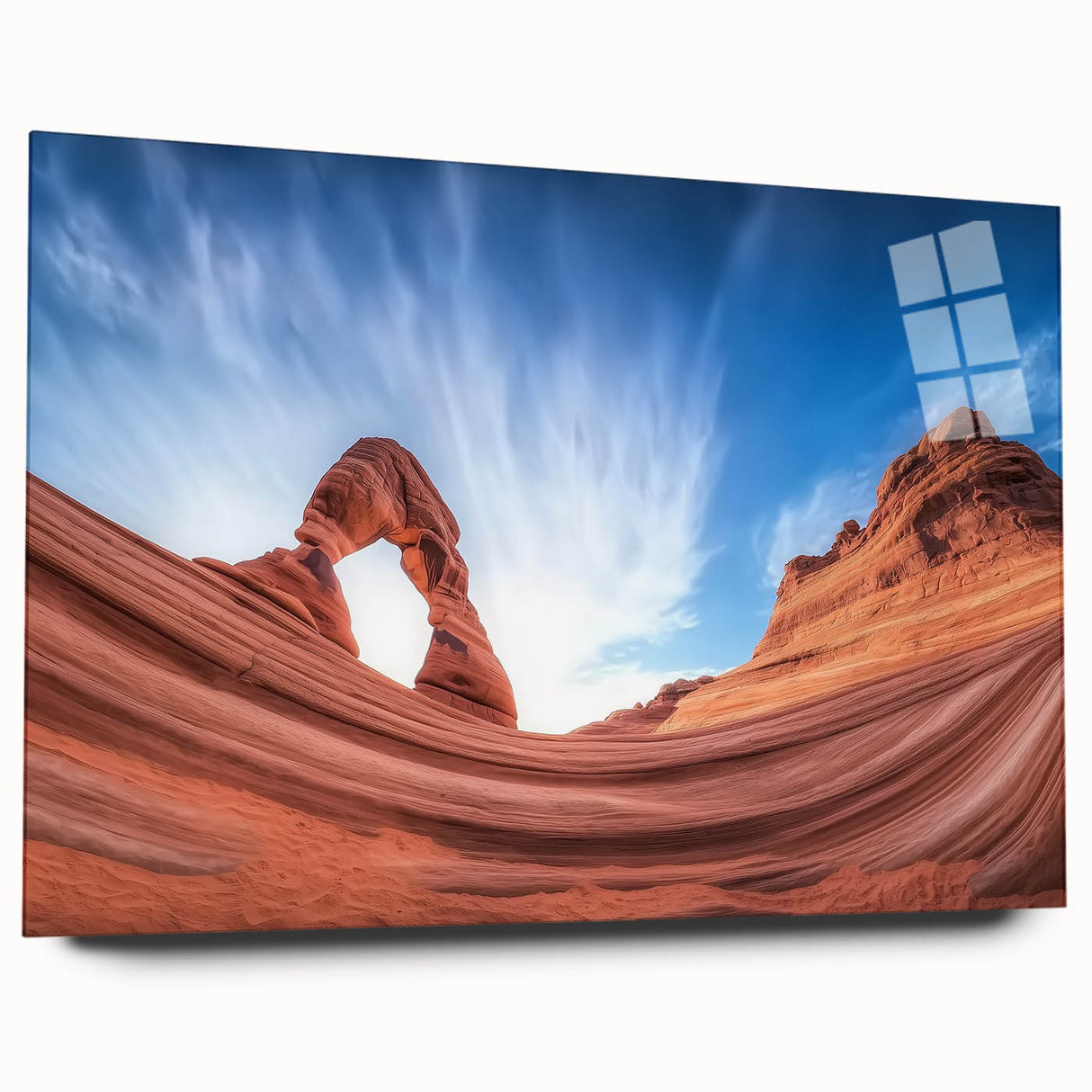 Acrylic glass landscape artwork showcasing vibrant canyons in rich earthy tones, viewed from the side, highlighting its sleek design without pins for a modern aesthetic. Perfect for enhancing contemporary home decor.