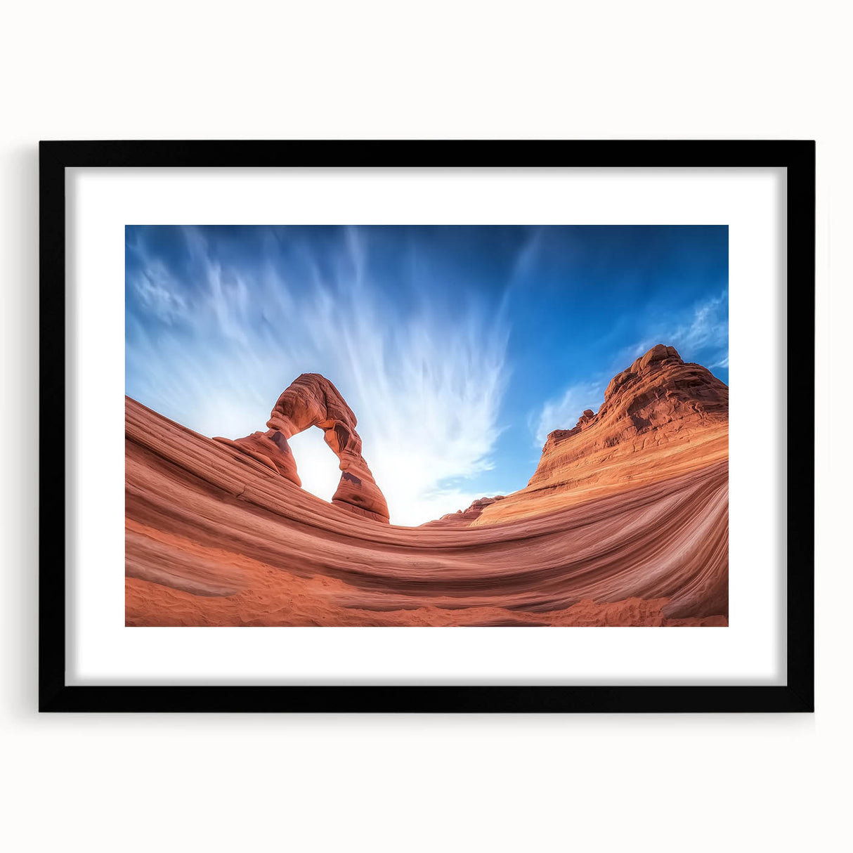 Black frame showcasing a landscape artwork of canyons, complete with a white mat, ideal for home decor, adding a modern touch to any room.