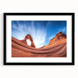 Black frame showcasing a landscape artwork of canyons, complete with a white mat, ideal for home decor, adding a modern touch to any room.