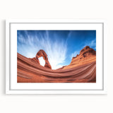 Landscape art print showcasing a stunning canyon scene, framed with a white mat, perfect for home decor. Ideal for nature enthusiasts and interior design.
