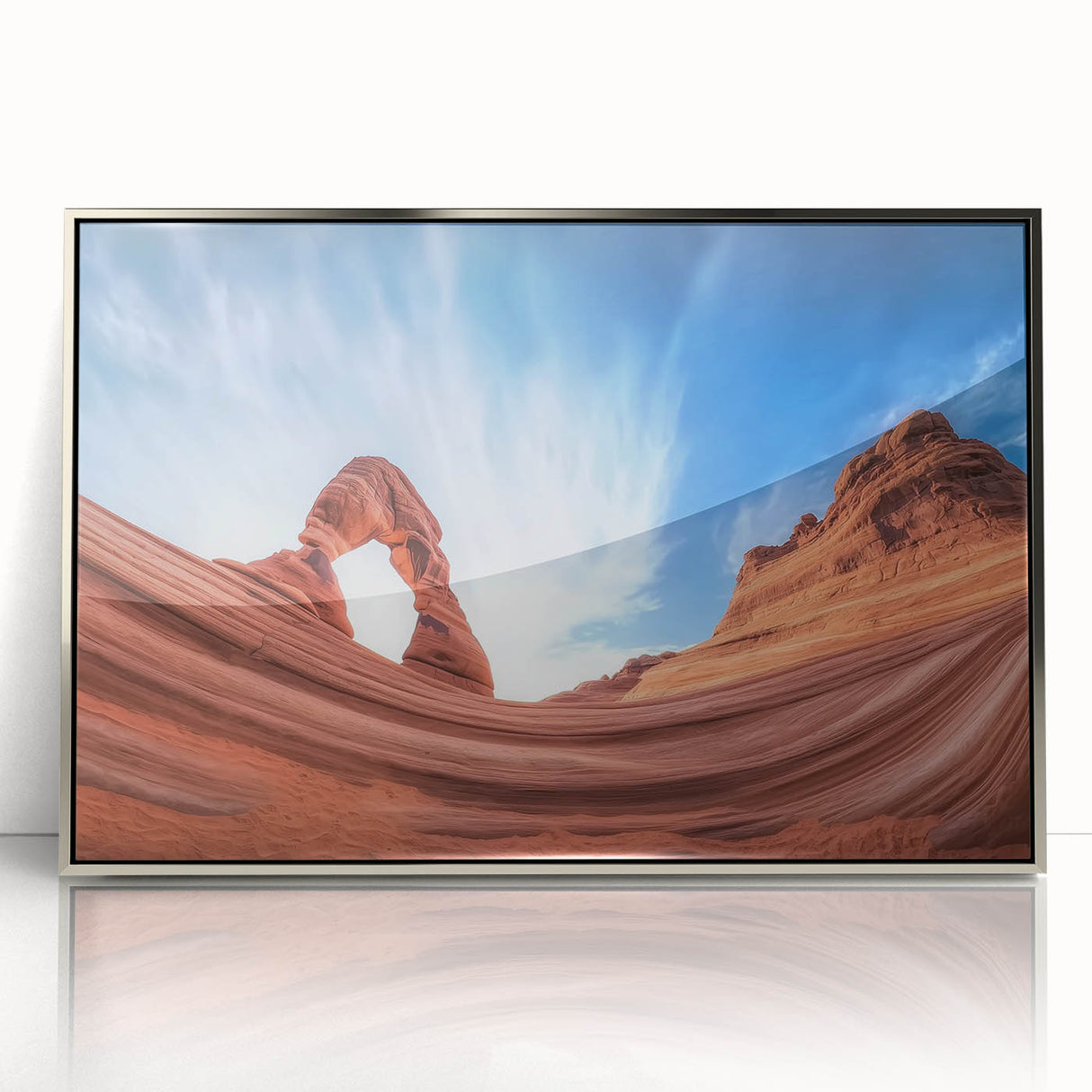 Framed acrylic artwork depicting a stunning landscape of canyons, featuring vibrant colors and intricate details, adding an artistic touch to any modern decor.