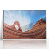 Framed acrylic art print depicting a vibrant landscape of canyons in rich hues of orange and blue, ideal for enhancing modern home decor. Perfect for art enthusiasts seeking unique wall art.