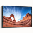 Framed landscape canvas print showcasing a stunning canyon view with rich colors and intricate details, featuring a sleek black frame for a modern aesthetic. Perfect for enhancing any living space or office decor.