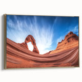 Framed landscape canvas artwork depicting majestic canyons with rich gold accents, showcasing natural beauty and depth, ideal for home decor enhancement.