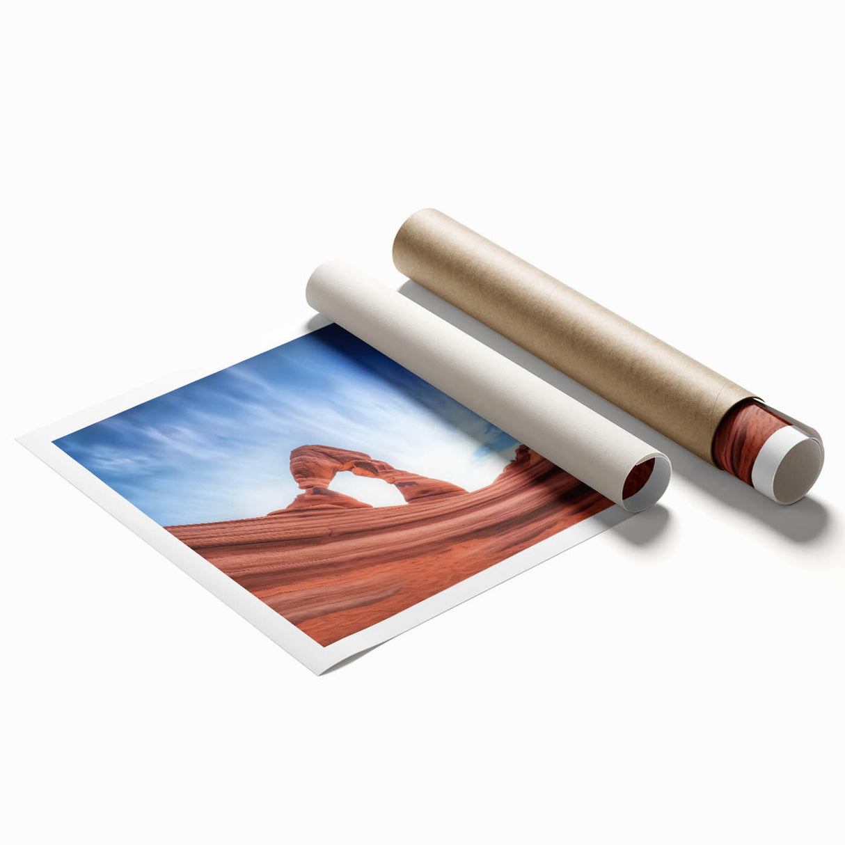 Landscape print showcasing vibrant canyons in rich earthy tones, rolled and packaged securely in a protective tube, ideal for home decor and art enthusiasts.