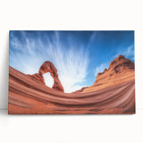 Landscape canvas print showcasing vibrant canyons in rich earth tones, expertly stretched for display. Ideal for home decor, it adds a touch of nature to any room.