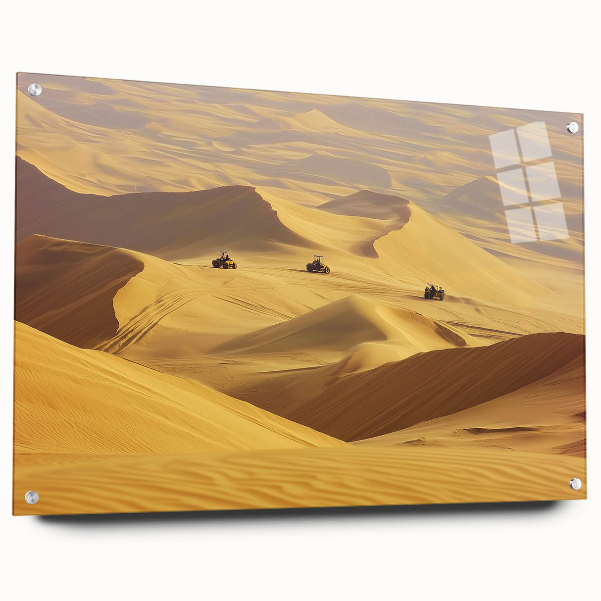 Acrylic landscape art depicting a desert scene, showcasing vibrant colors and intricate details, displayed in a side view with decorative pins on a neutral background.