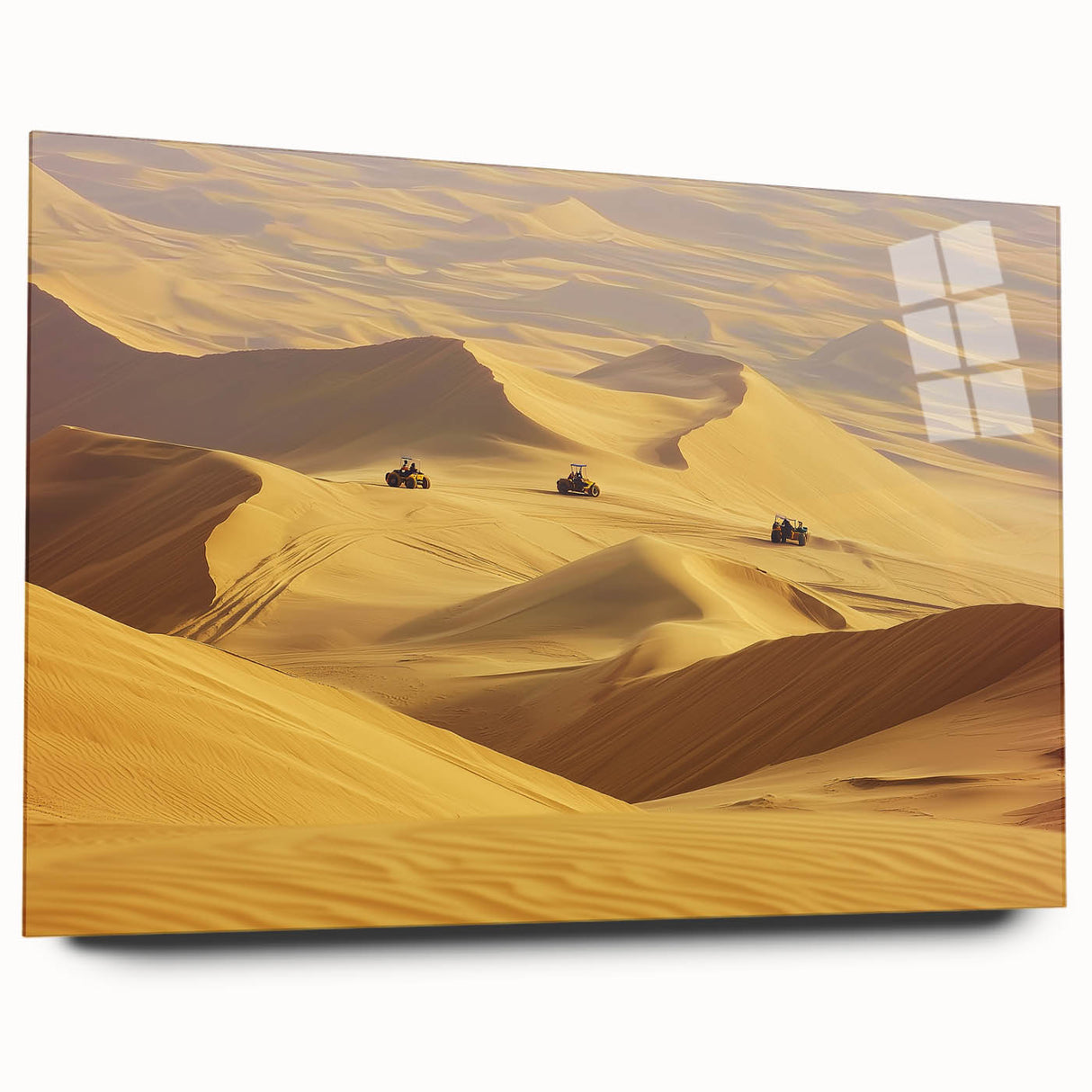 Acrylic glass artwork showcasing a stunning desert landscape in vibrant colors, designed for side display without pins, ideal for modern decor.