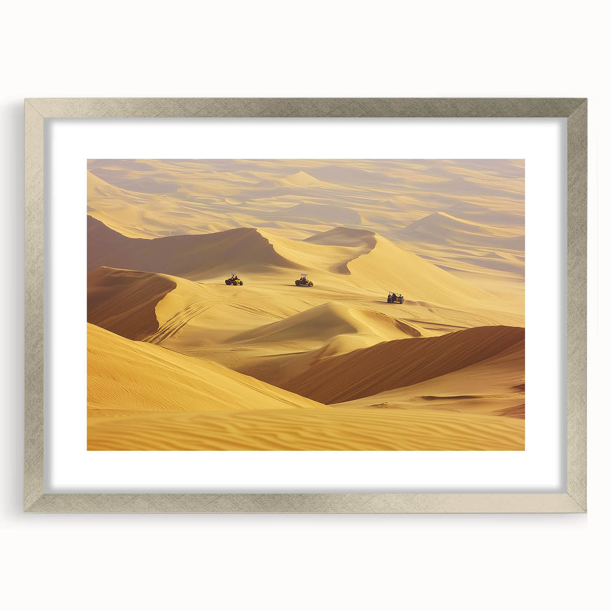 Framed desert landscape art print with a silver mat and frame, showcasing vibrant colors and intricate details, perfect for enhancing home decor with a touch of nature.
