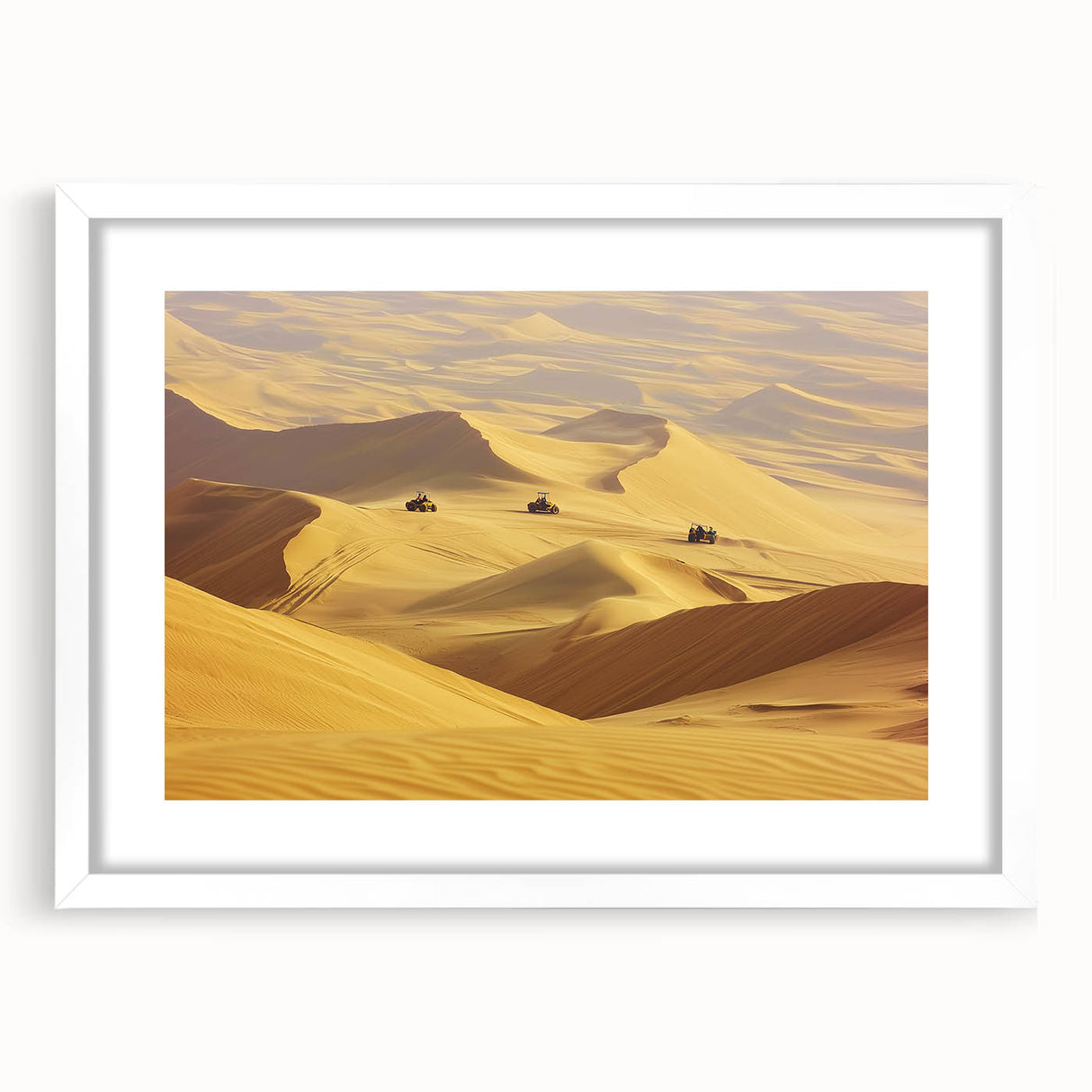Desert landscape artwork framed in white with matting, showcasing warm earth tones and intricate details, ideal for home decor and art enthusiasts.