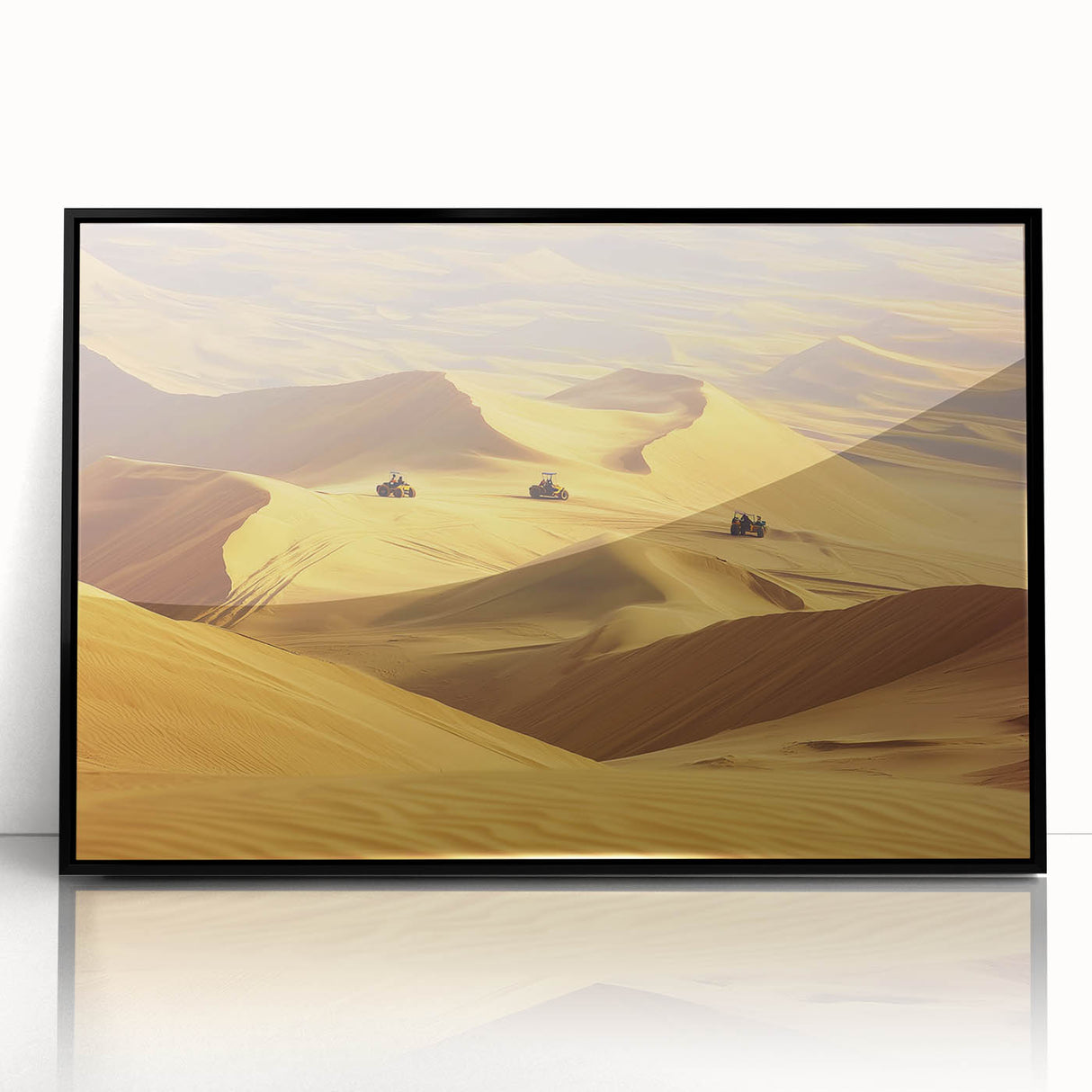 Framed acrylic landscape artwork showcasing a serene desert scene with vibrant colors, set in a sleek black frame, ideal for modern home decor.